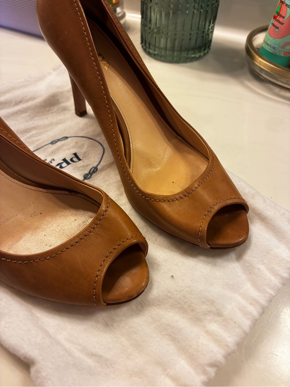 Prada Women’s Brown Leather Peep-Toe High Heels